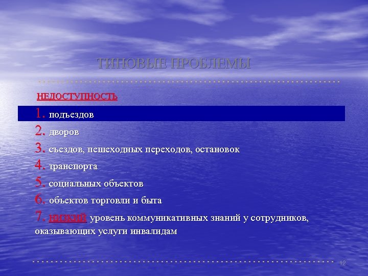 ТИПОВЫЕ ПРОБЛЕМЫ НЕДОСТУПНОСТЬ 1. подъездов 2. дворов 3. съездов, пешеходных переходов, остановок 4. транспорта