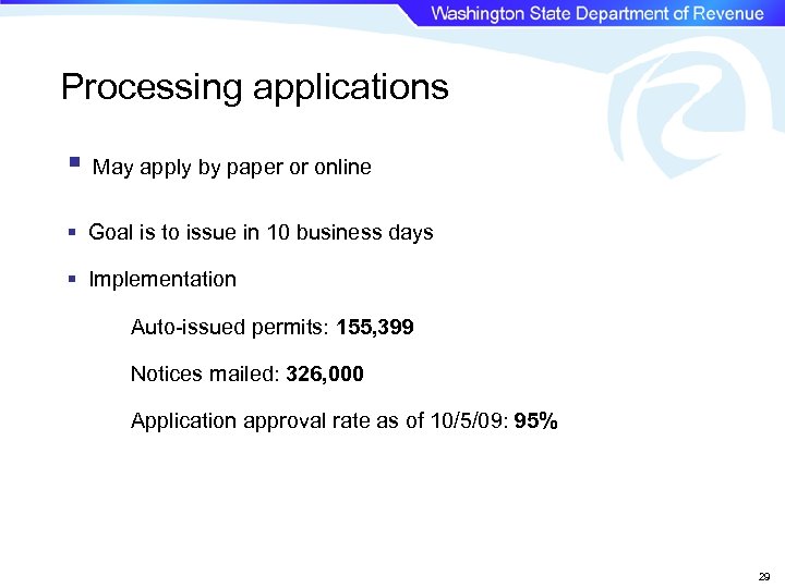Processing applications § May apply by paper or online § Goal is to issue