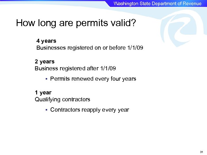 How long are permits valid? 4 years Businesses registered on or before 1/1/09 2