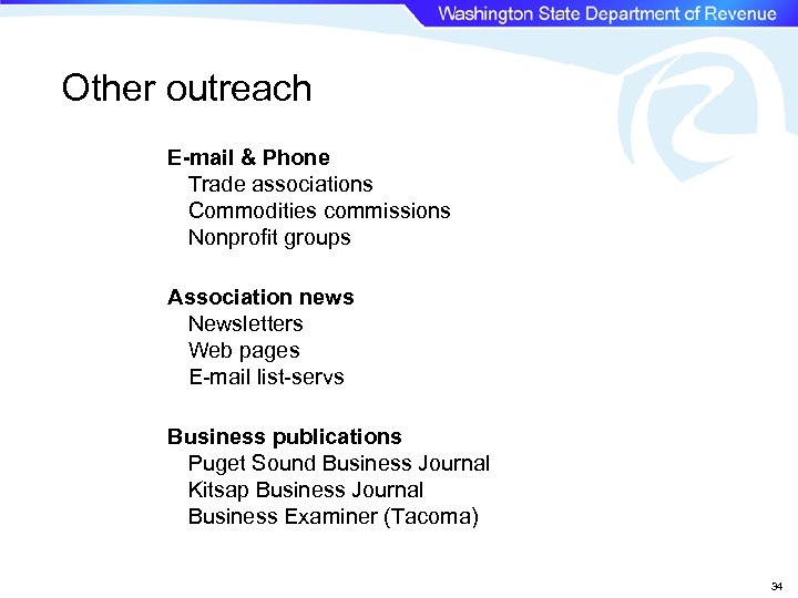 Other outreach E-mail & Phone Trade associations Commodities commissions Nonprofit groups Association news Newsletters