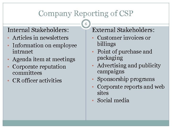 Company Reporting of CSP 6 Internal Stakeholders: External Stakeholders: • Articles in newsletters •