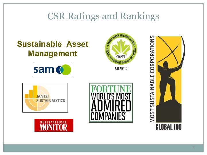 CSR Ratings and Rankings Sustainable Asset Management 8 