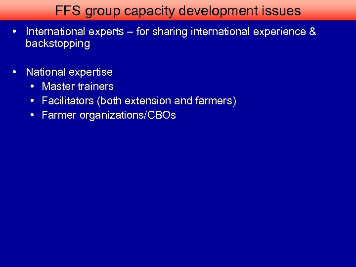 FFS group capacity development issues • International experts – for sharing international experience &