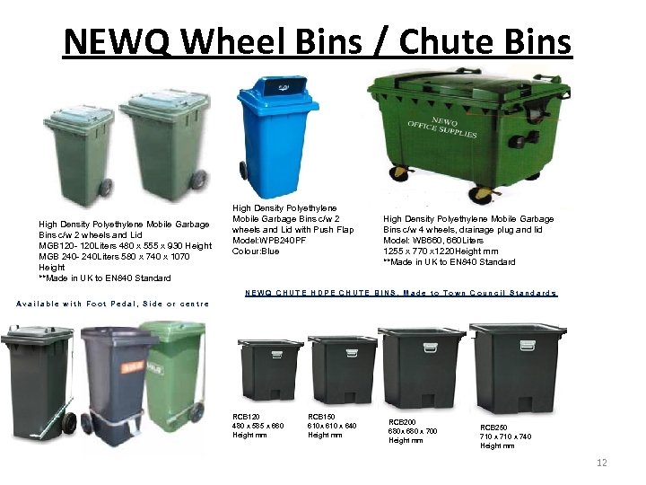 NEWQ Wheel Bins / Chute Bins High Density Polyethylene Mobile Garbage Bins c/w 2