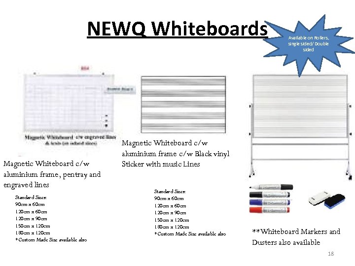 NEWQ Whiteboards Magnetic Whiteboard c/w aluminium frame, pentray and engraved lines Standard Sizes: 90