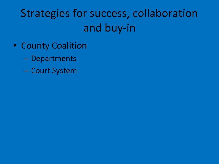 Strategies for success, collaboration and buy-in • County Coalition – Departments – Court System