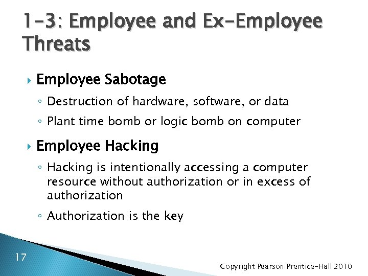 1 -3: Employee and Ex-Employee Threats Employee Sabotage ◦ Destruction of hardware, software, or