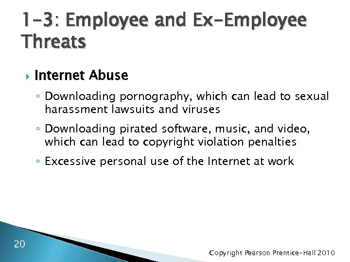 1 -3: Employee and Ex-Employee Threats Internet Abuse ◦ Downloading pornography, which can lead