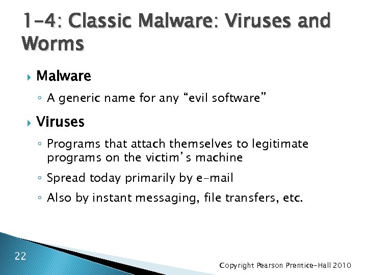 1 -4: Classic Malware: Viruses and Worms Malware ◦ A generic name for any