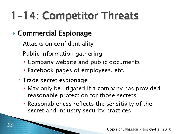 1 -14: Competitor Threats Commercial Espionage ◦ Attacks on confidentiality ◦ Public information gathering
