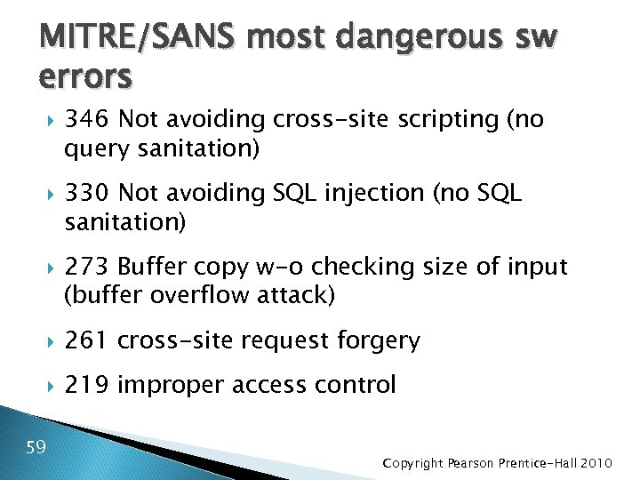 MITRE/SANS most dangerous sw errors 346 Not avoiding cross-site scripting (no query sanitation) 330