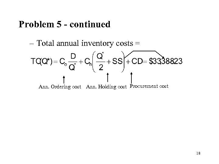 Problem 5 - continued – Total annual inventory costs = Ann. Ordering cost Ann.