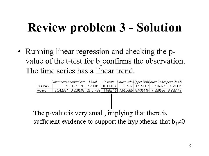 Review problem 3 - Solution • Running linear regression and checking the pvalue of
