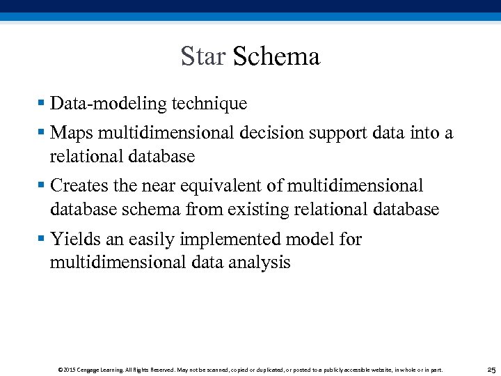 Star Schema § Data-modeling technique § Maps multidimensional decision support data into a relational