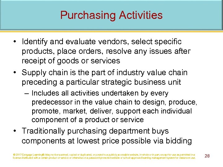 Purchasing Activities • Identify and evaluate vendors, select specific products, place orders, resolve any