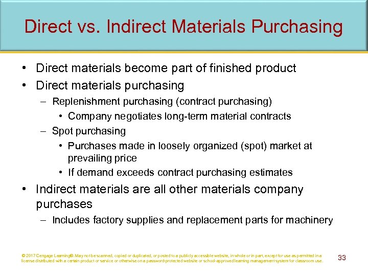 Direct vs. Indirect Materials Purchasing • Direct materials become part of finished product •