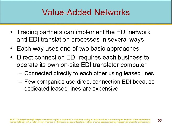 Value-Added Networks • Trading partners can implement the EDI network and EDI translation processes