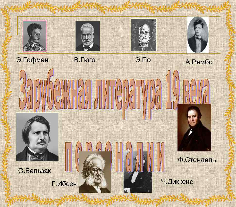 Э. Гофман В. Гюго Э. По А. Рембо Ф. Стендаль О. Бальзак Г. Ибсен