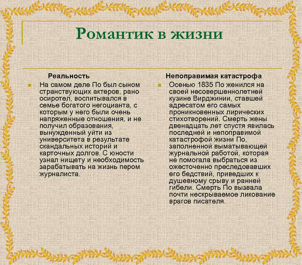 Романтик в жизни Реальность n На самом деле По был сыном странствующих актеров, рано