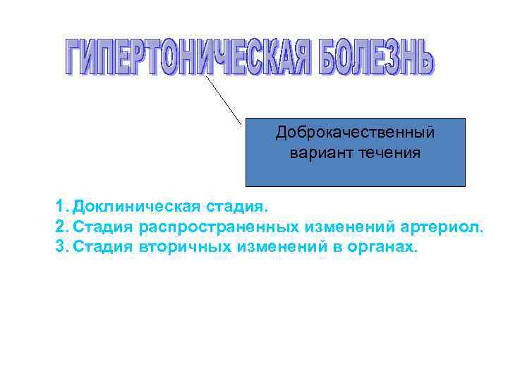 Доброкачественный вариант течения 1. Доклиническая стадия. 2. Стадия распространенных изменений артериол. 3. Стадия вторичных