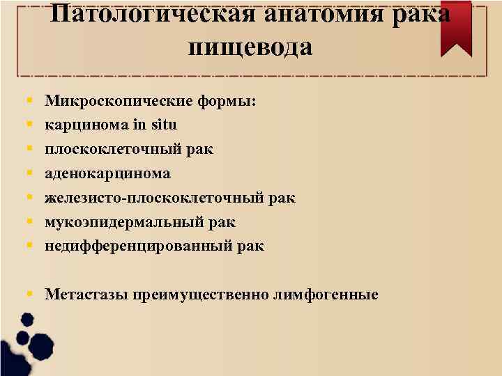 Патологическая анатомия рака пищевода Микроскопические формы: карцинома in situ плоскоклеточный рак аденокарцинома железисто-плоскоклеточный рак