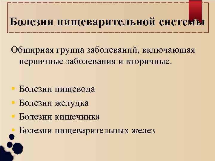 Болезни пищеварительной системы Обширная группа заболеваний, включающая первичные заболевания и вторичные. Болезни пищевода Болезни