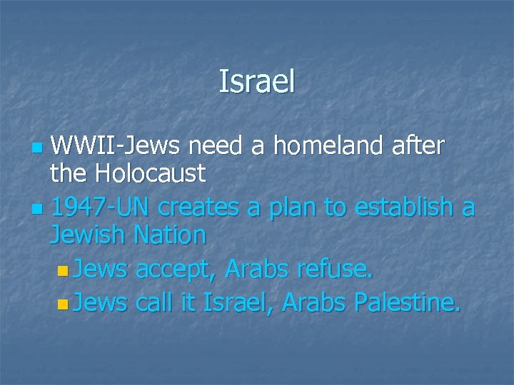 Israel WWII-Jews need a homeland after the Holocaust n 1947 -UN creates a plan