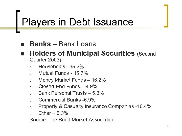 Players in Debt Issuance n n Banks – Bank Loans Holders of Municipal Securities