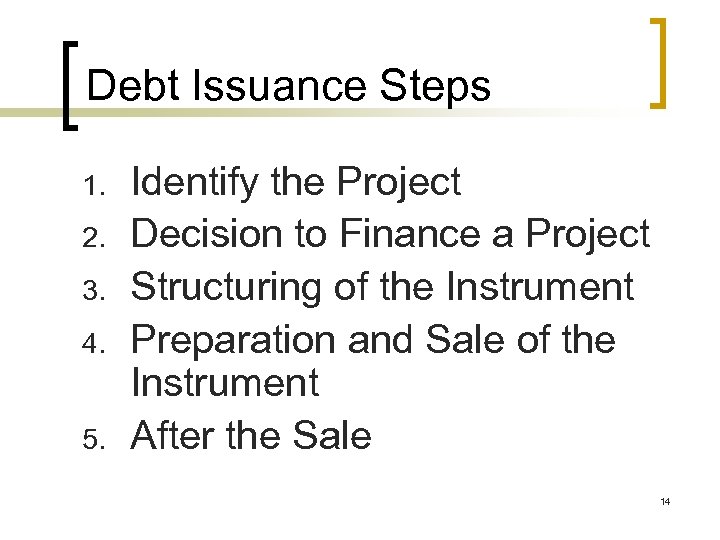 Debt Issuance Steps 1. 2. 3. 4. 5. Identify the Project Decision to Finance