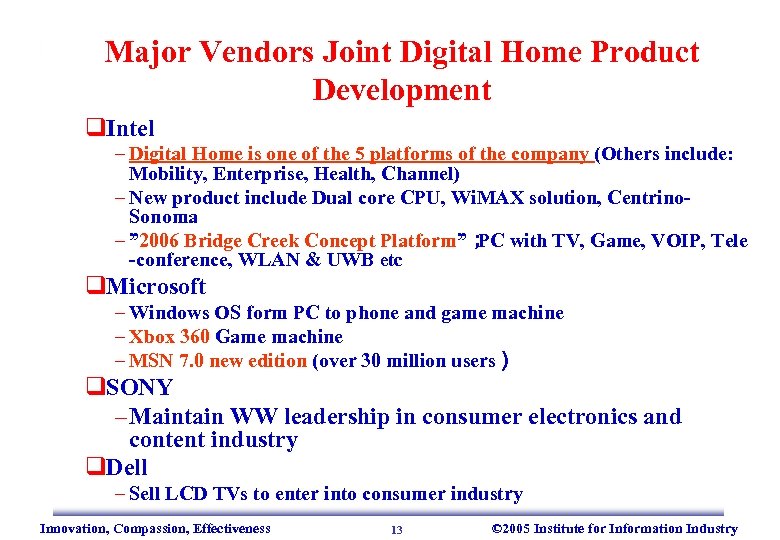 Major Vendors Joint Digital Home Product Development q. Intel – Digital Home is one