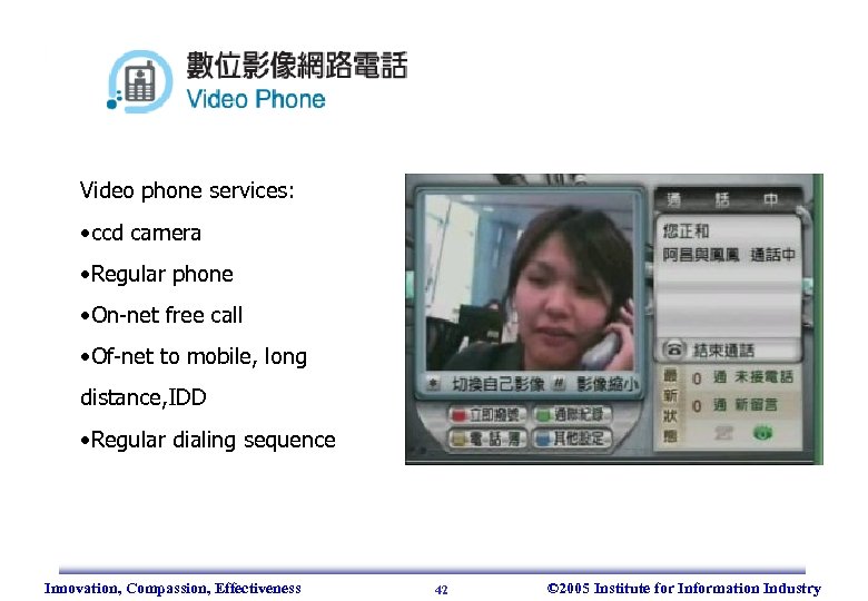 Video phone services: • ccd camera • Regular phone • On-net free call •