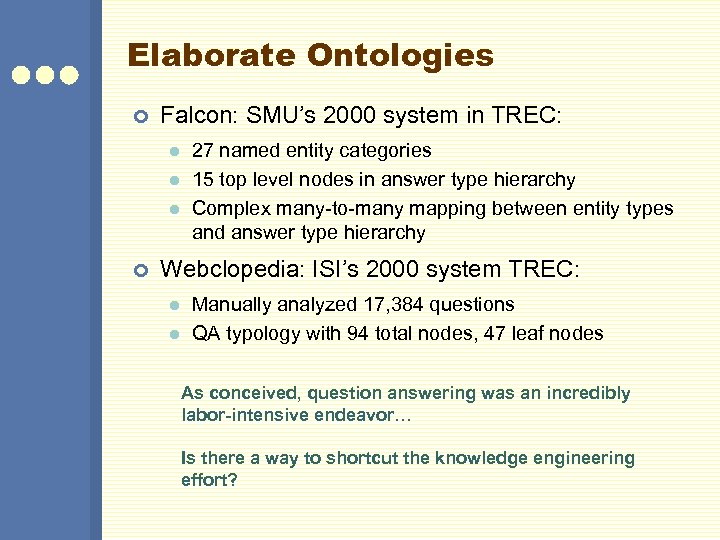 Elaborate Ontologies ¢ Falcon: SMU’s 2000 system in TREC: l l l ¢ 27