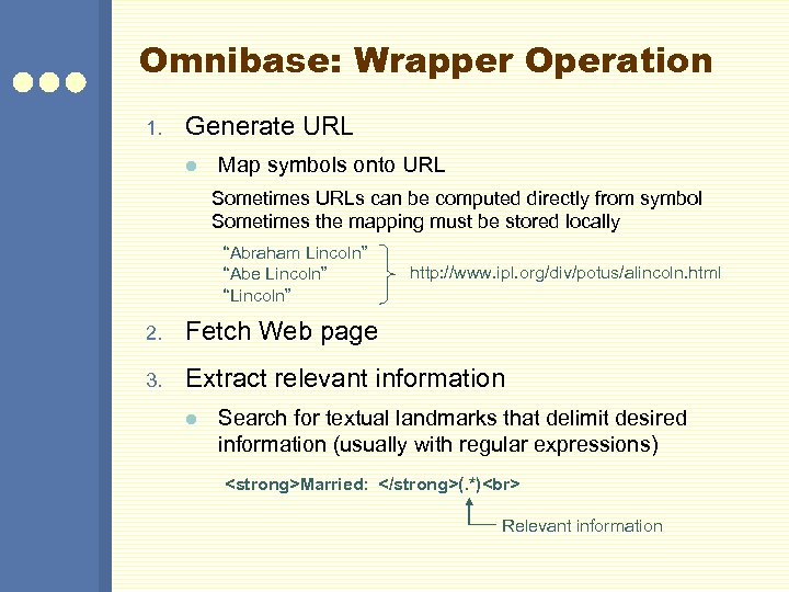 Omnibase: Wrapper Operation 1. Generate URL l Map symbols onto URL Sometimes URLs can