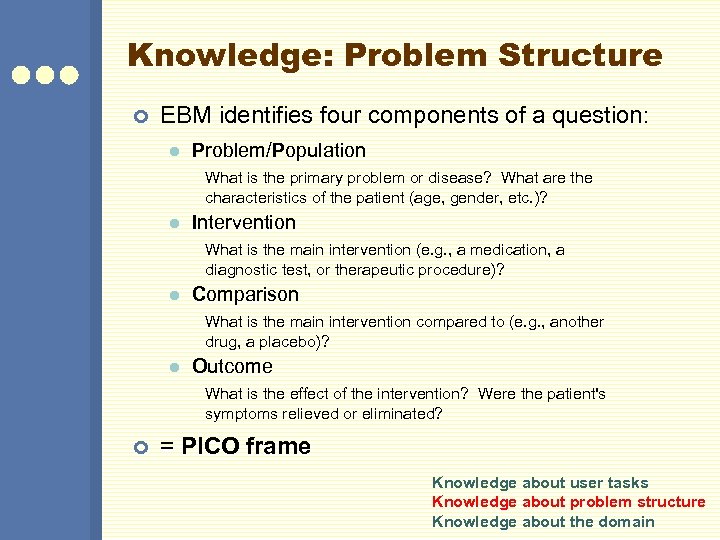 Knowledge: Problem Structure ¢ EBM identifies four components of a question: l Problem/Population What