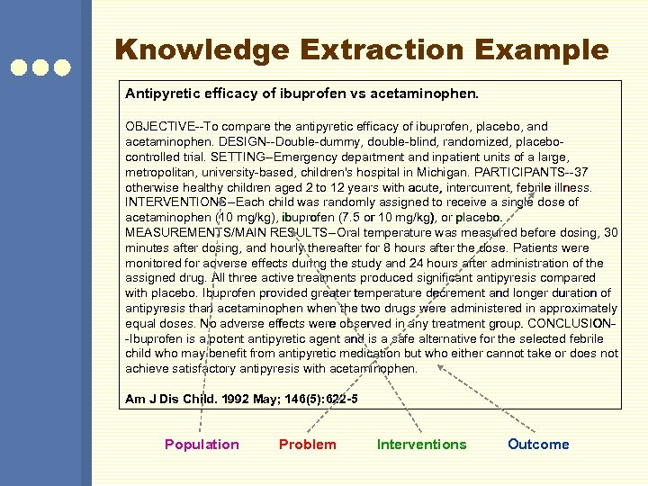 Knowledge Extraction Example Antipyretic efficacy of ibuprofen vs acetaminophen. OBJECTIVE--To compare the antipyretic efficacy