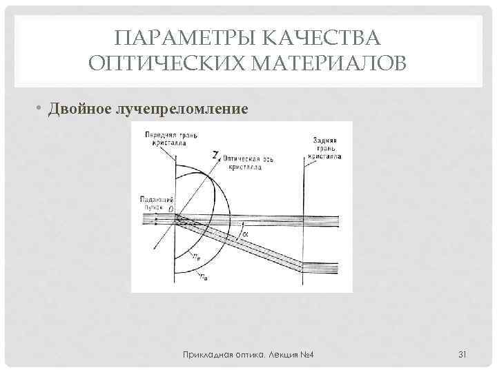 ПАРАМЕТРЫ КАЧЕСТВА ОПТИЧЕСКИХ МАТЕРИАЛОВ • Двойное лучепреломление Прикладная оптика. Лекция № 4 31 