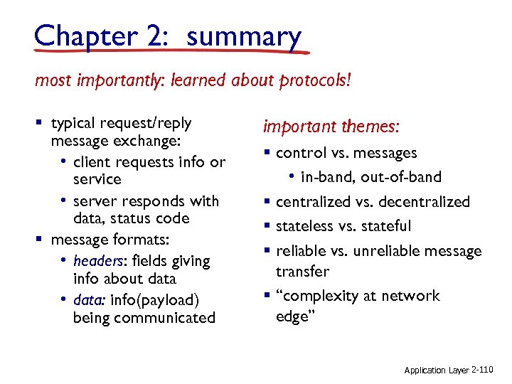 Chapter 2: summary most importantly: learned about protocols! § typical request/reply message exchange: •