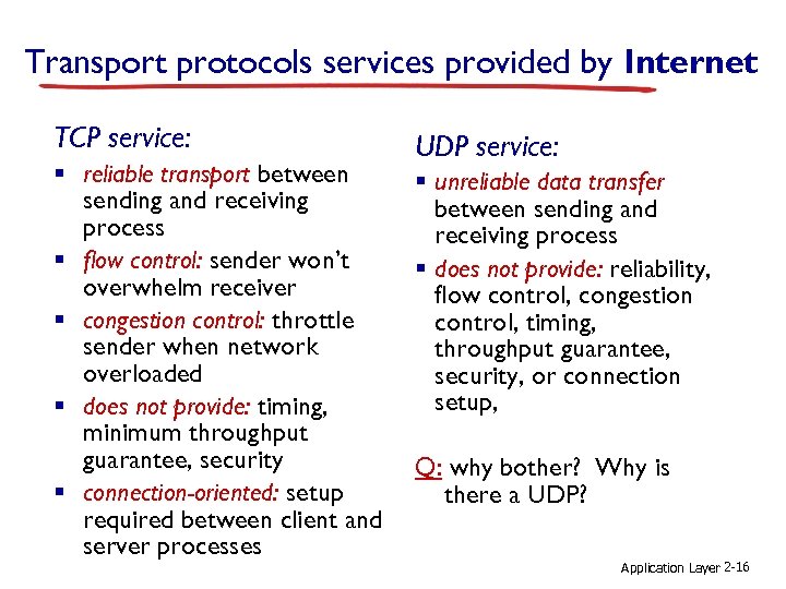 Transport protocols services provided by Internet TCP service: § reliable transport between sending and