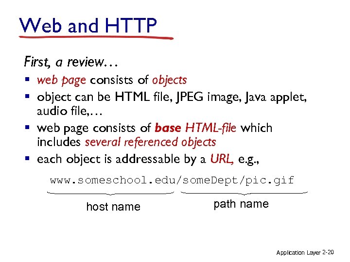 Web and HTTP First, a review… § web page consists of objects § object