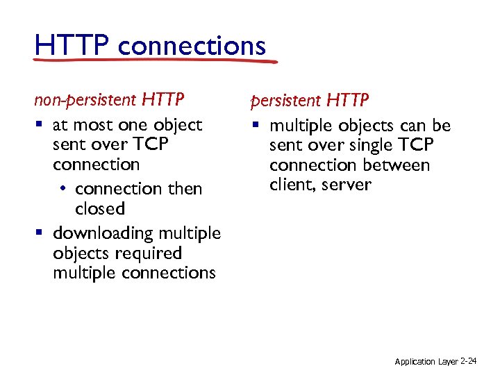 HTTP connections non-persistent HTTP § at most one object sent over TCP connection •