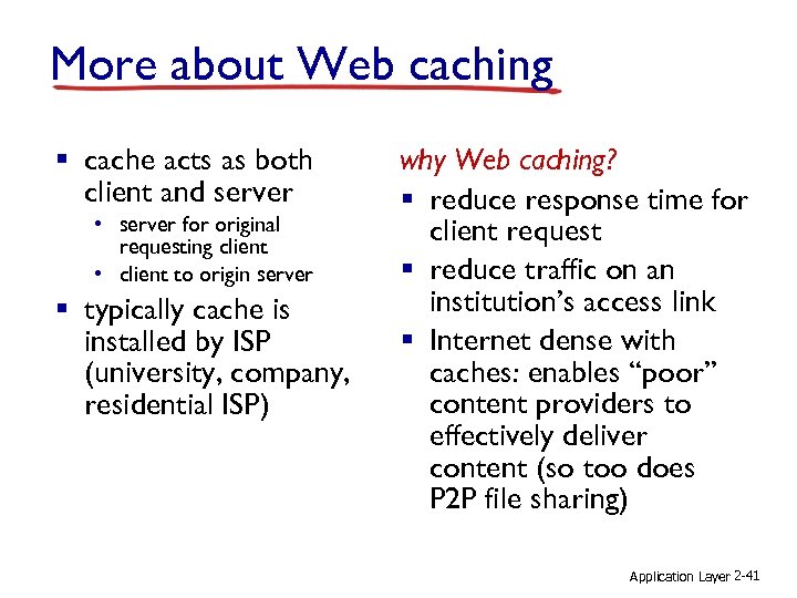 More about Web caching § cache acts as both client and server • server