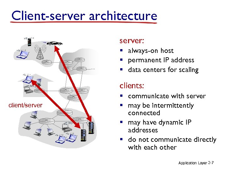 Client-server architecture server: § always-on host § permanent IP address § data centers for