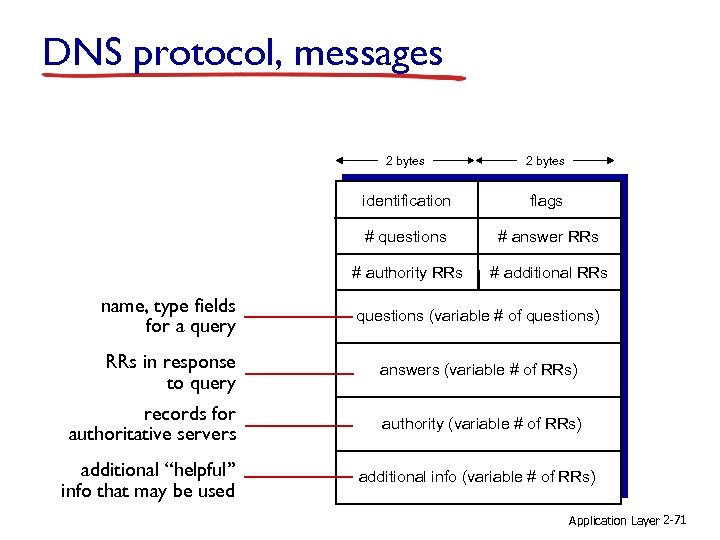 DNS protocol, messages 2 bytes identification flags # questions # answer RRs # authority