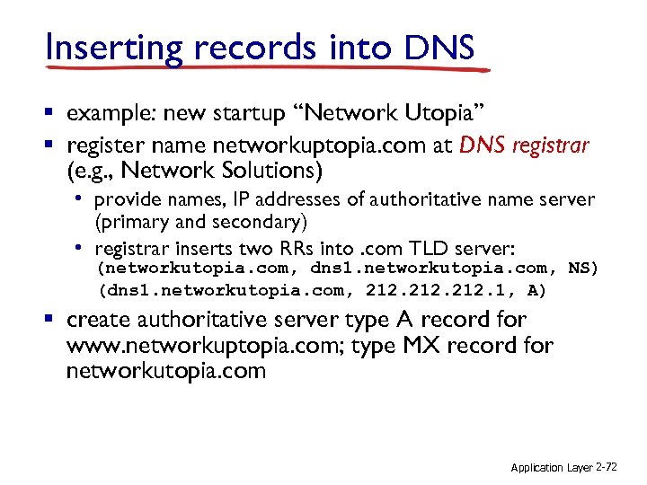 Inserting records into DNS § example: new startup “Network Utopia” § register name networkuptopia.