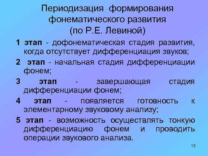 Периодизация формирования фонематического развития (по Р. Е. Левиной) 1 этап - дофонематическая стадия развития,