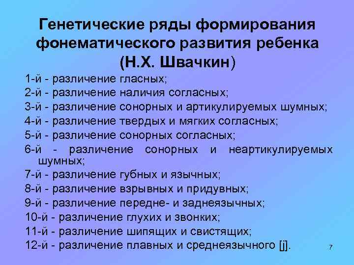 Генетические ряды формирования фонематического развития ребенка (Н. Х. Швачкин) 1 -й - различение гласных;