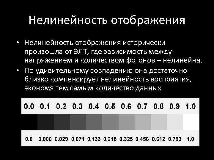 Нелинейность отображения • Нелинейность отображения исторически произошла от ЭЛТ, где зависимость между напряжением и