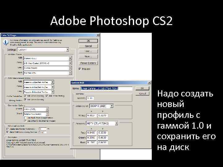 Adobe Photoshop CS 2 Надо создать новый профиль с гаммой 1. 0 и сохранить