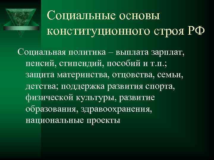 Социальные основы конституционного строя РФ Социальная политика – выплата зарплат, пенсий, стипендий, пособий и