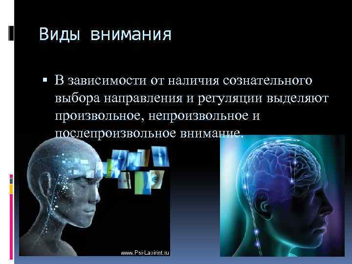 Виды внимания В зависимости от наличия сознательного выбора направления и регуляции выделяют произвольное, непроизвольное